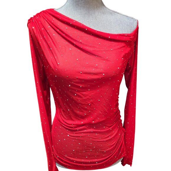 Bar III Trendy Plus Embellished Off-Shoulder Mesh Red Top 1X NWT - Picture 2 of 7